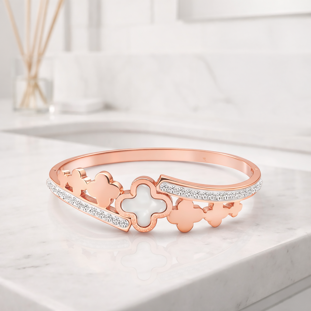 Wanshi Sterling Silver Clover Diamond Bangle for Women | Elegant Open Cuff Bracelet | Premium Finish