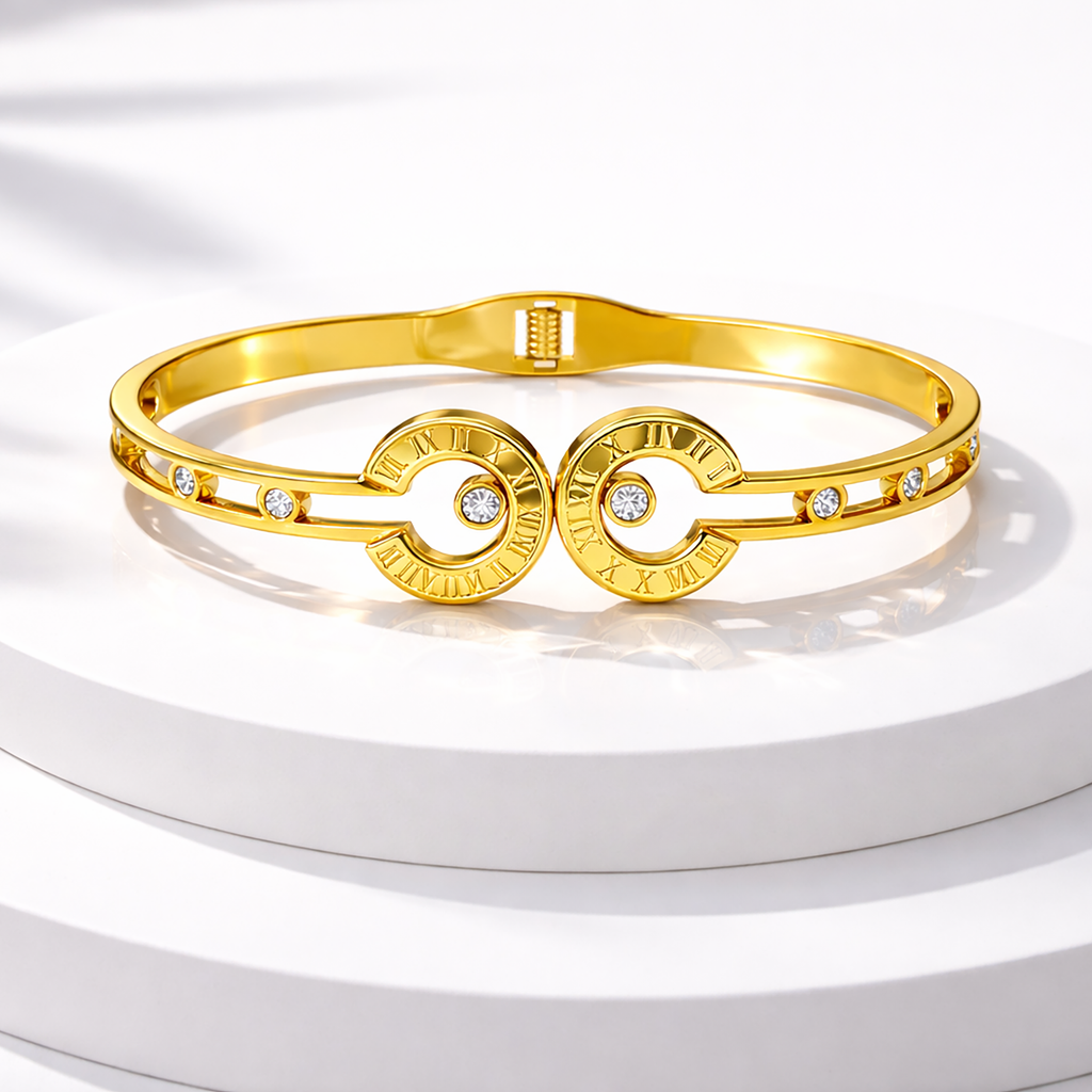 Stainless Steel Gold-Plated Roman Numeral Bangle with Crystal Stones for Women