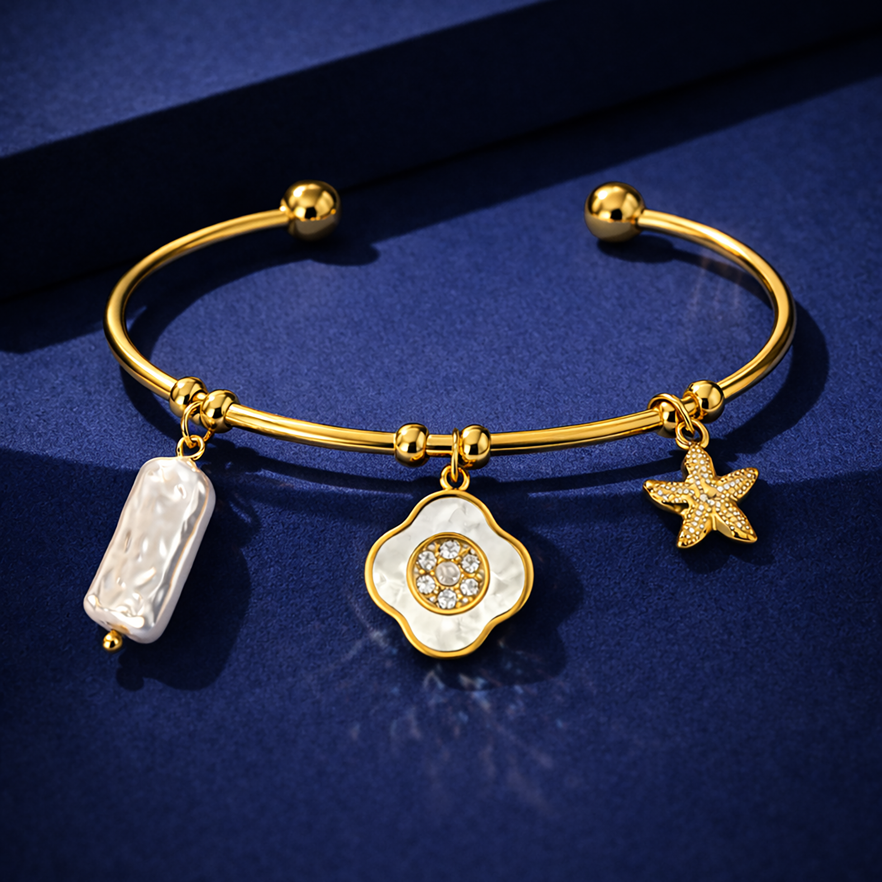 Gold-Plated Stainless Steel Charm Bracelet for Women with Pearl Bar and Crystal Floral Charm