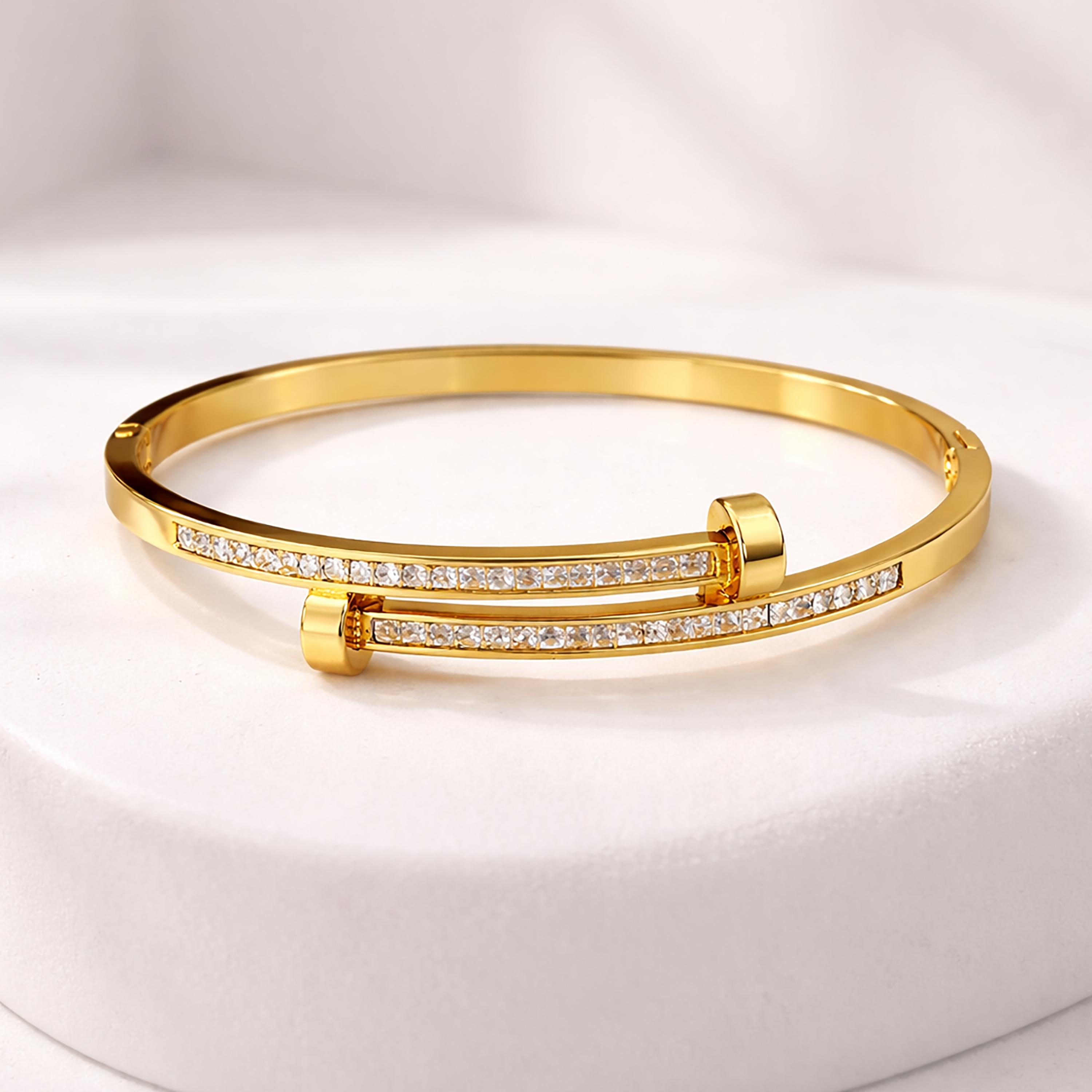 Premium Nail-Inspired Stainless Steel Crystal Bangle (Gold Tone)