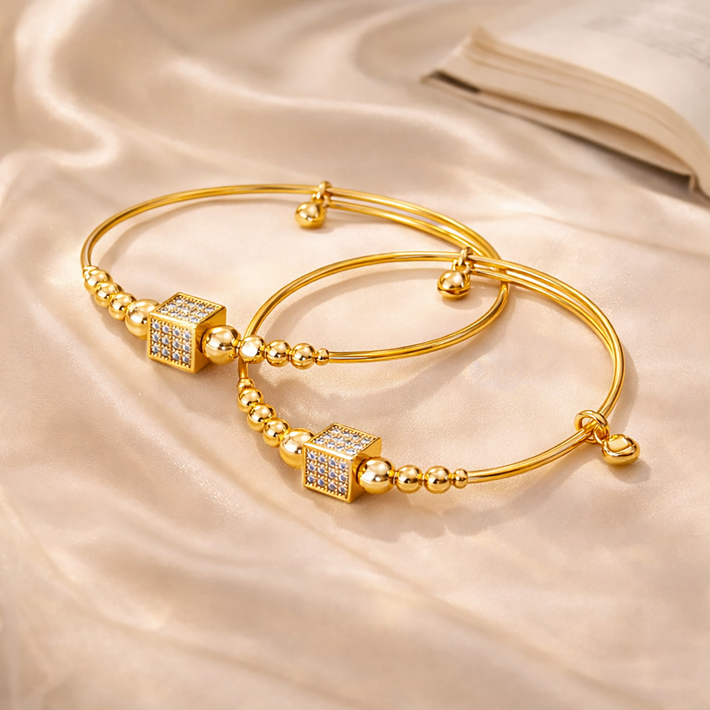 Luxury Stainless Steel Gold-Plated Bangle with Crystal Cube Accent