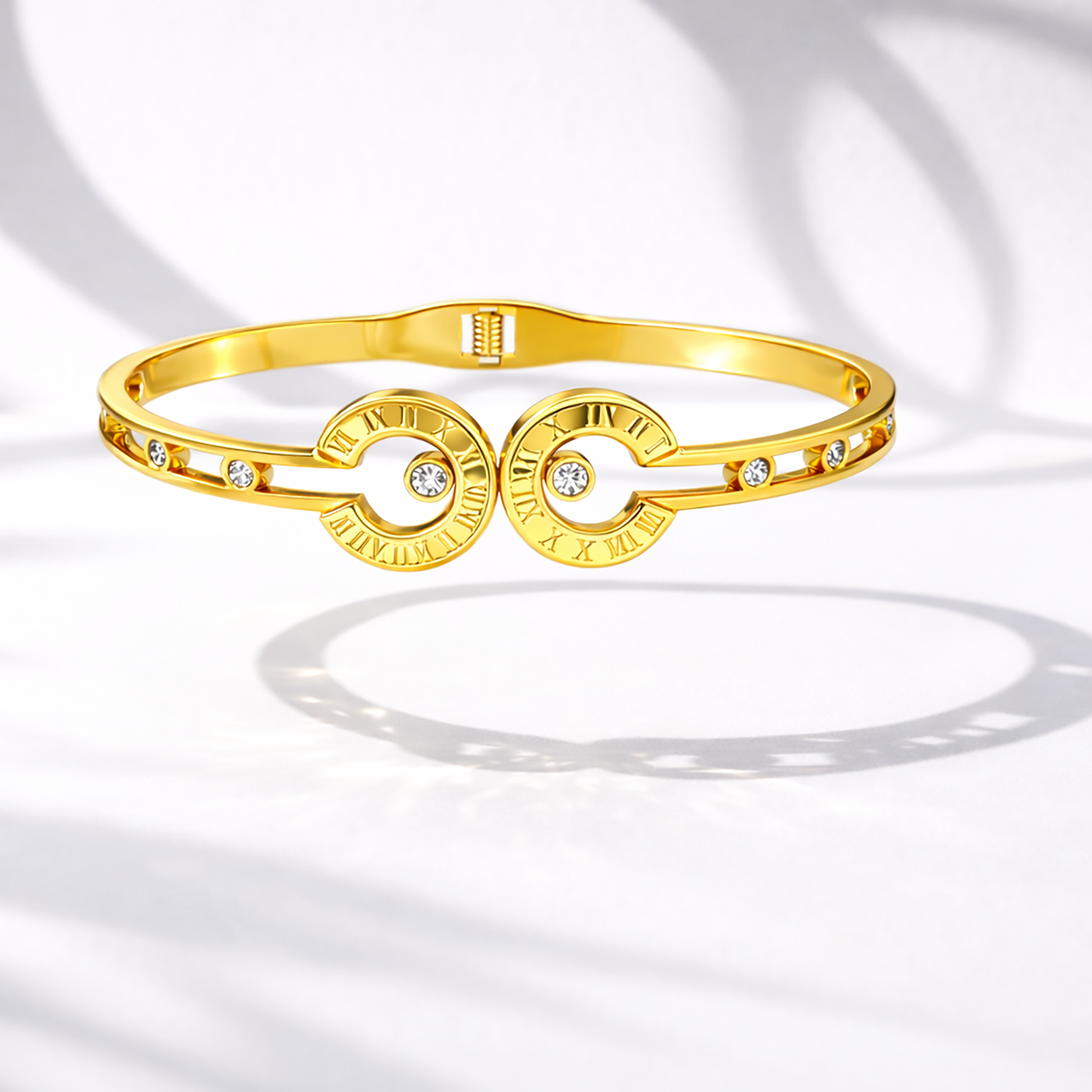 Stainless Steel Gold-Plated Roman Numeral Bangle with Crystal Stones for Women