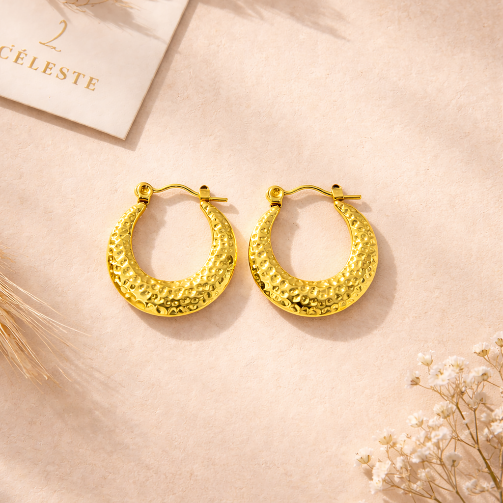 Textured Gold Tone Stainless Steel Hoop Earrings for Women