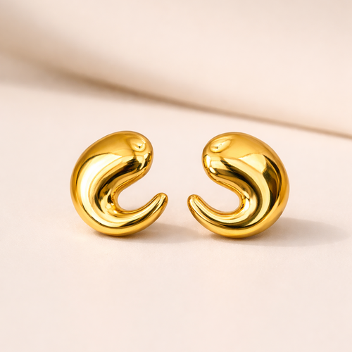 Chunky Gold Tone Stainless Steel Curved Stud Earrings for Women