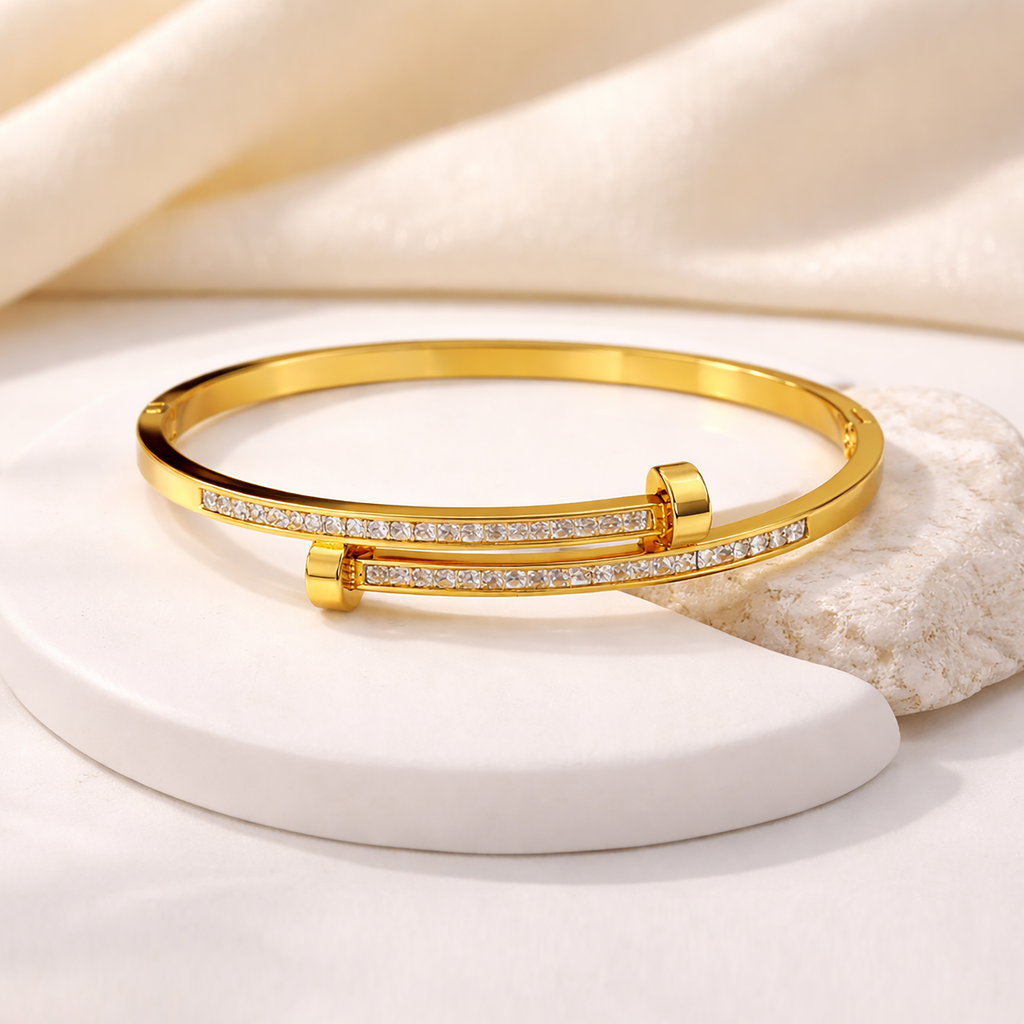Premium Nail-Inspired Stainless Steel Crystal Bangle (Gold Tone)