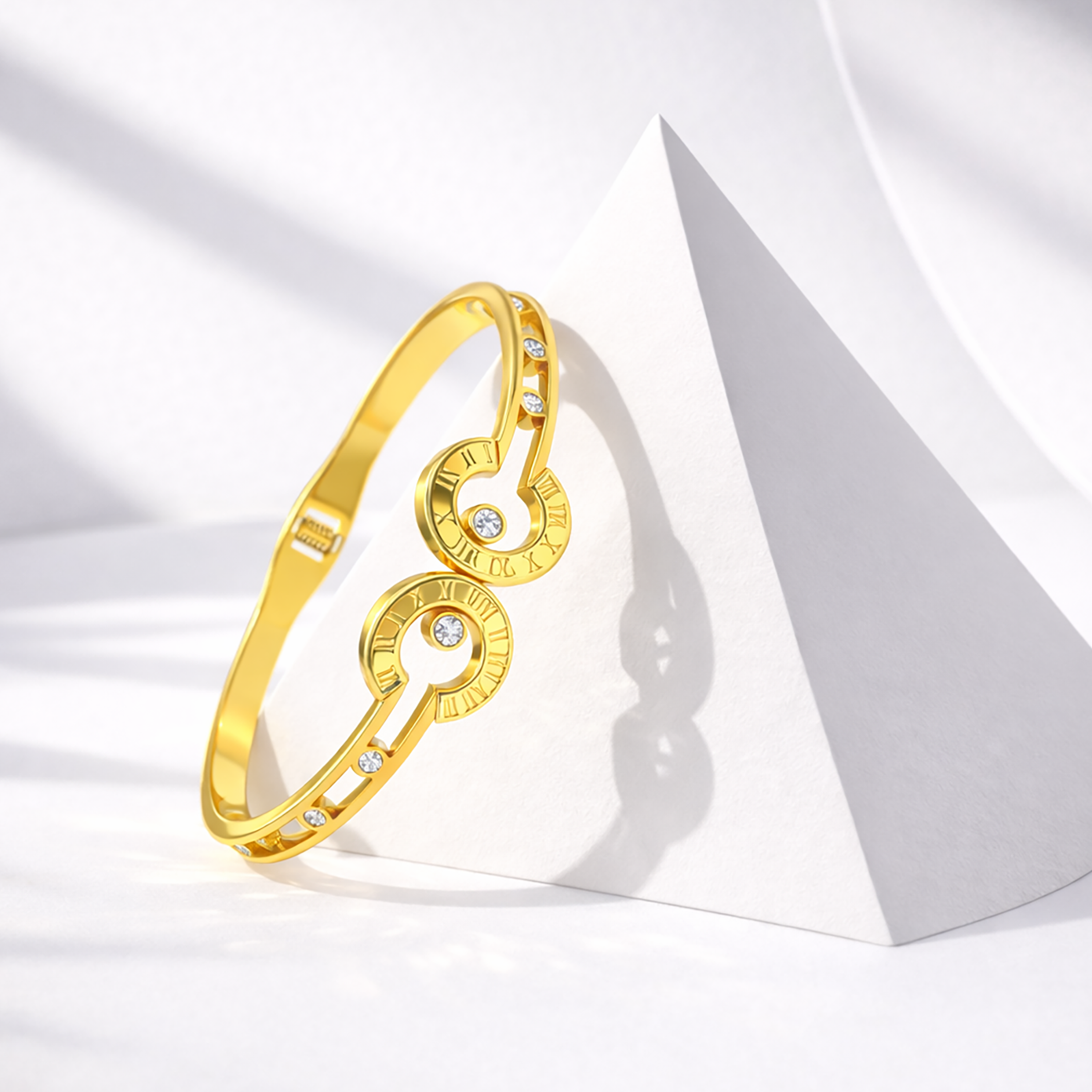 Stainless Steel Gold-Plated Roman Numeral Bangle with Crystal Stones for Women