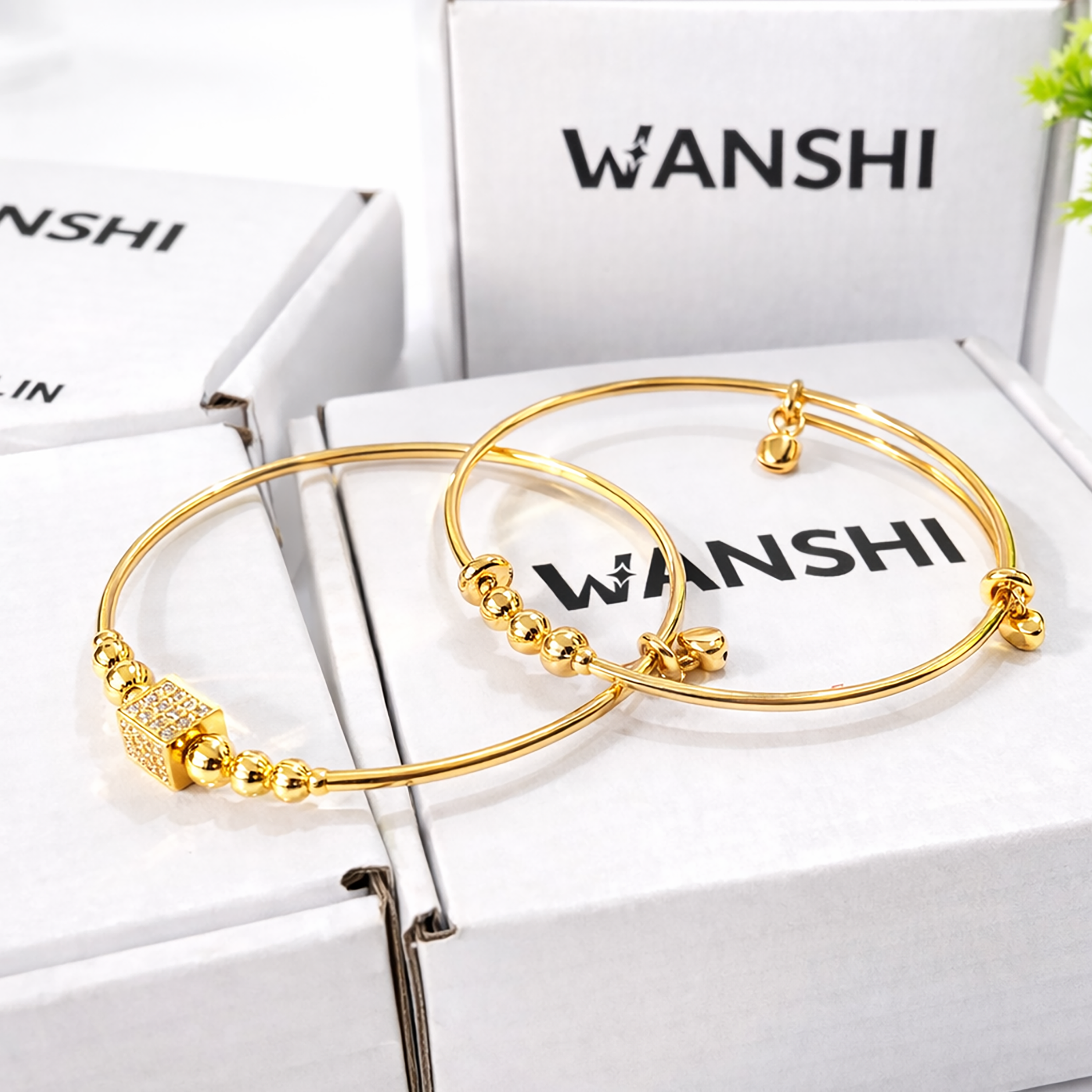 Luxury Stainless Steel Gold-Plated Bangle with Crystal Cube Accent