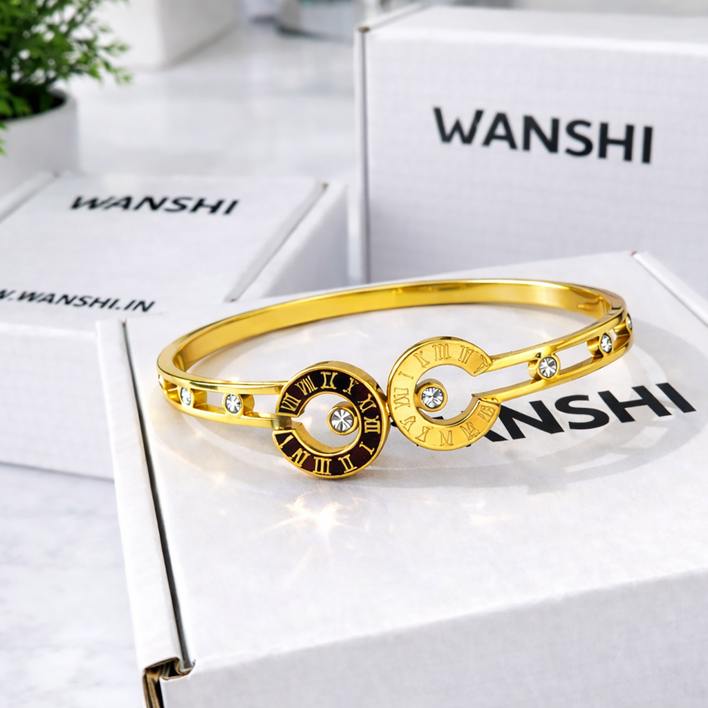 Stainless Steel Gold-Plated Roman Numeral Bangle with Crystal Stones for Women