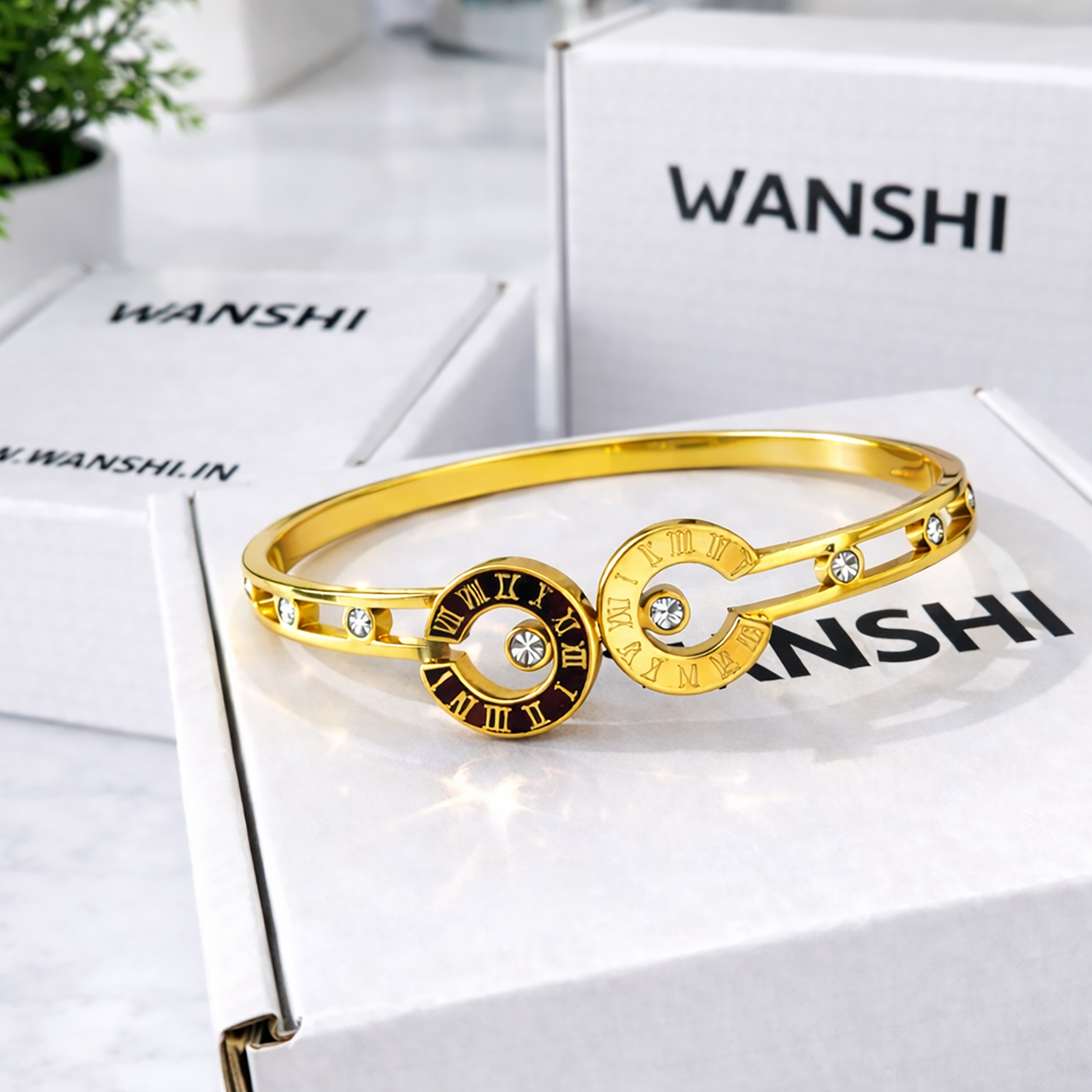 Stainless Steel Gold-Plated Roman Numeral Bangle with Crystal Stones for Women