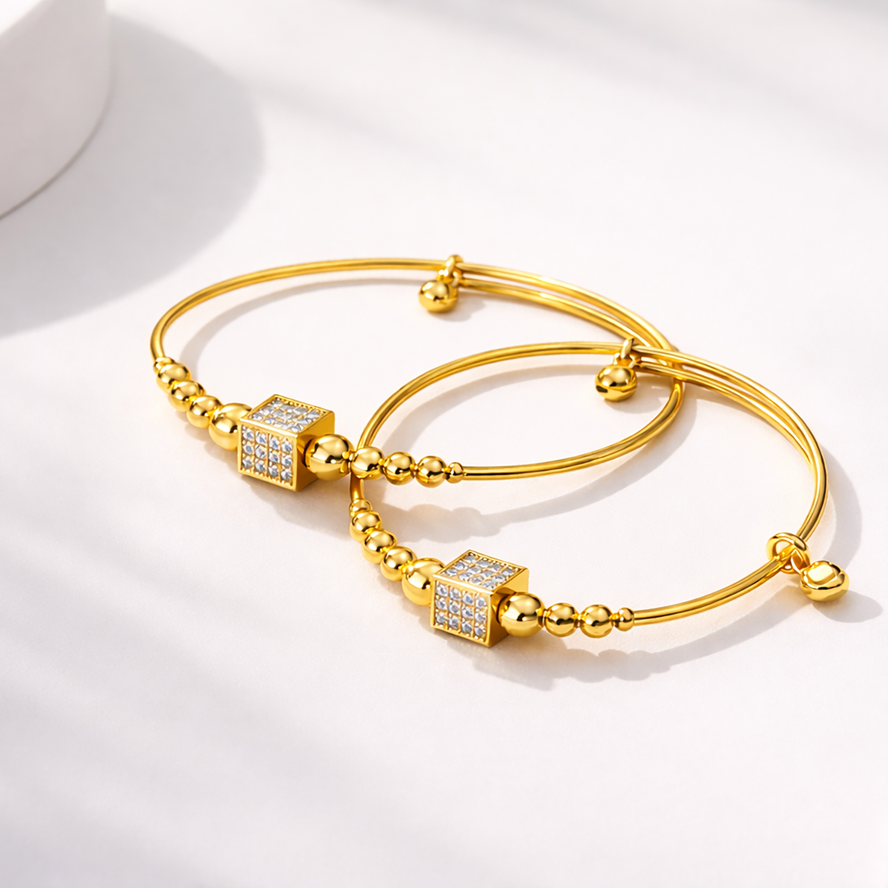 Luxury Stainless Steel Gold-Plated Bangle with Crystal Cube Accent