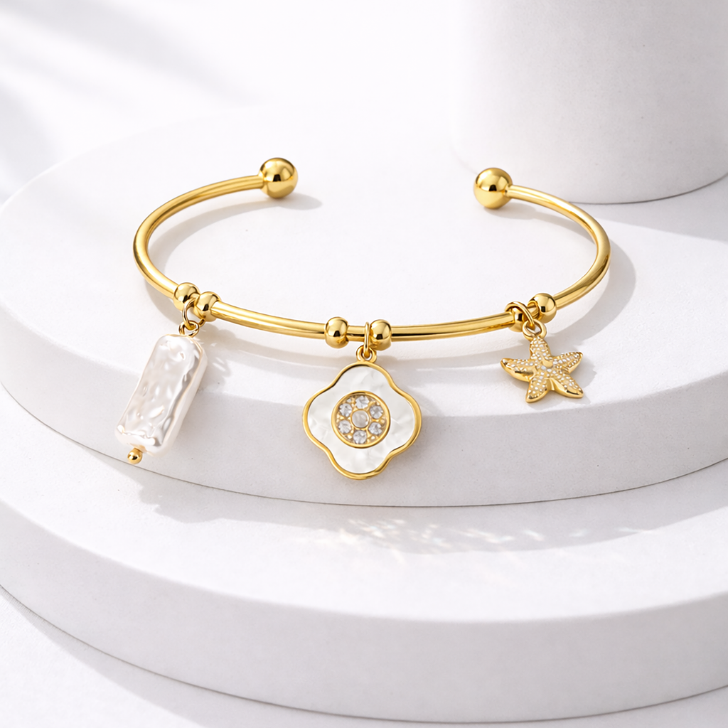Gold-Plated Stainless Steel Charm Bracelet for Women with Pearl Bar and Crystal Floral Charm