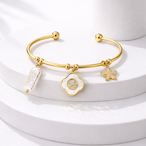 Gold-Plated Stainless Steel Charm Bracelet for Women with Pearl Bar and Crystal Floral Charm