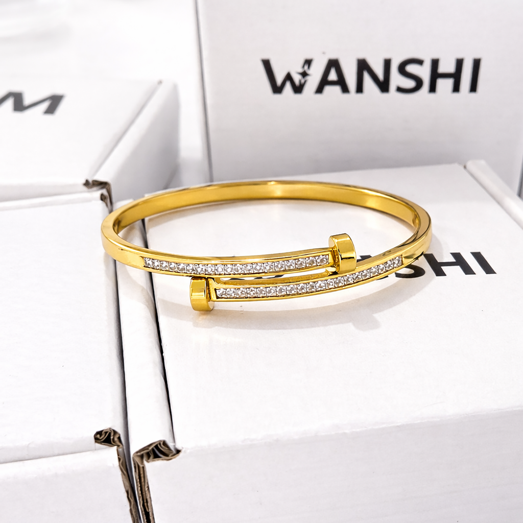 Premium Nail-Inspired Stainless Steel Crystal Bangle (Gold Tone)