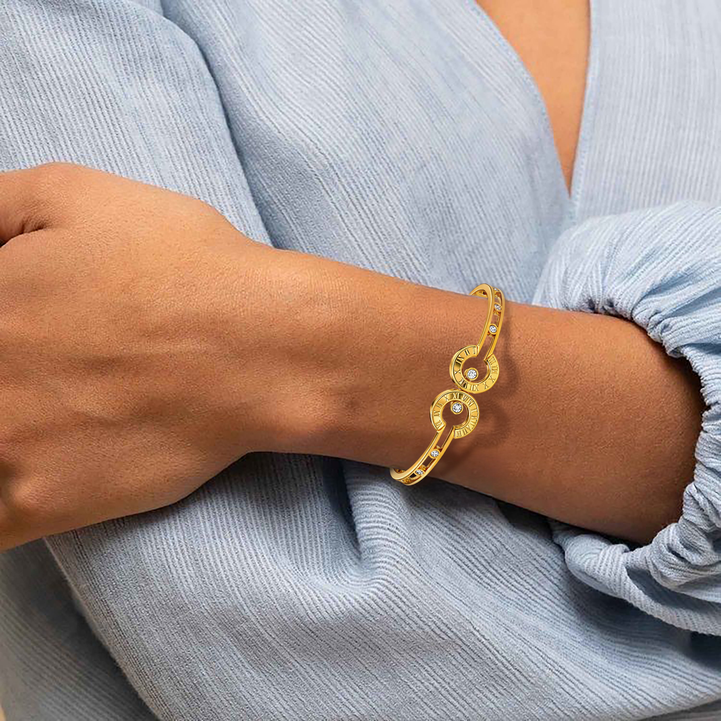 Stainless Steel Gold-Plated Roman Numeral Bangle with Crystal Stones for Women