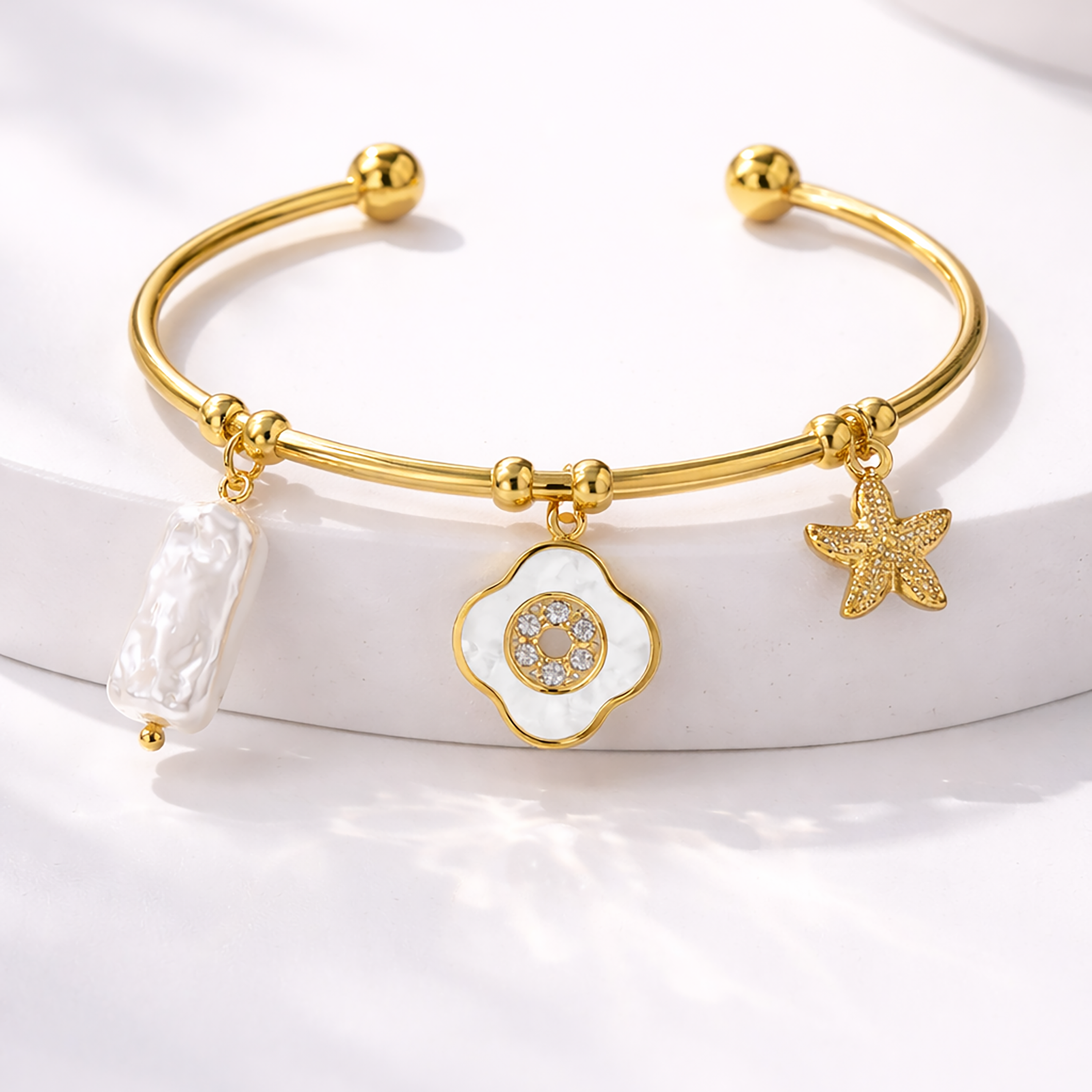 Gold-Plated Stainless Steel Charm Bracelet for Women with Pearl Bar and Crystal Floral Charm