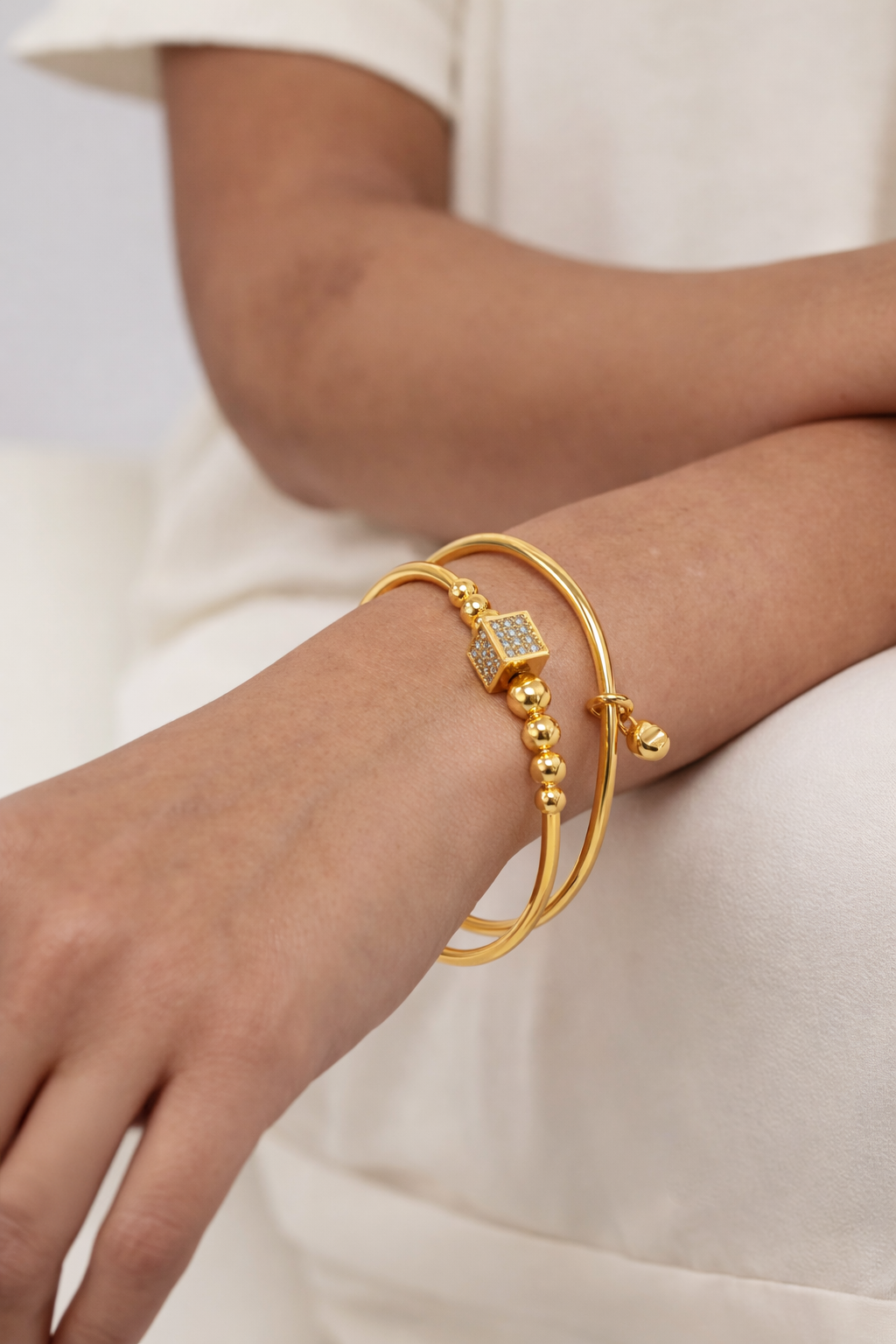 Luxury Stainless Steel Gold-Plated Bangle with Crystal Cube Accent