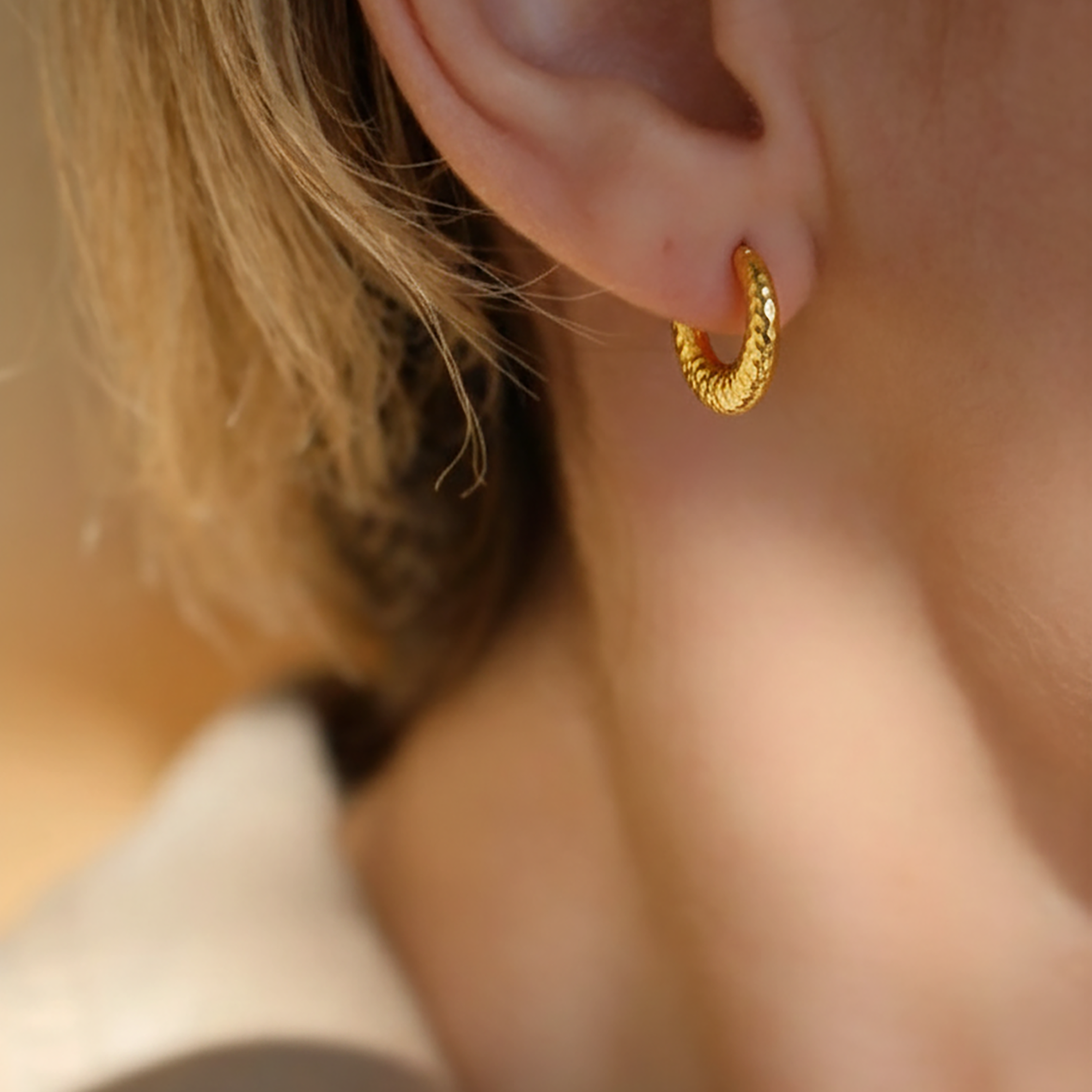 Textured Gold Tone Stainless Steel Hoop Earrings for Women