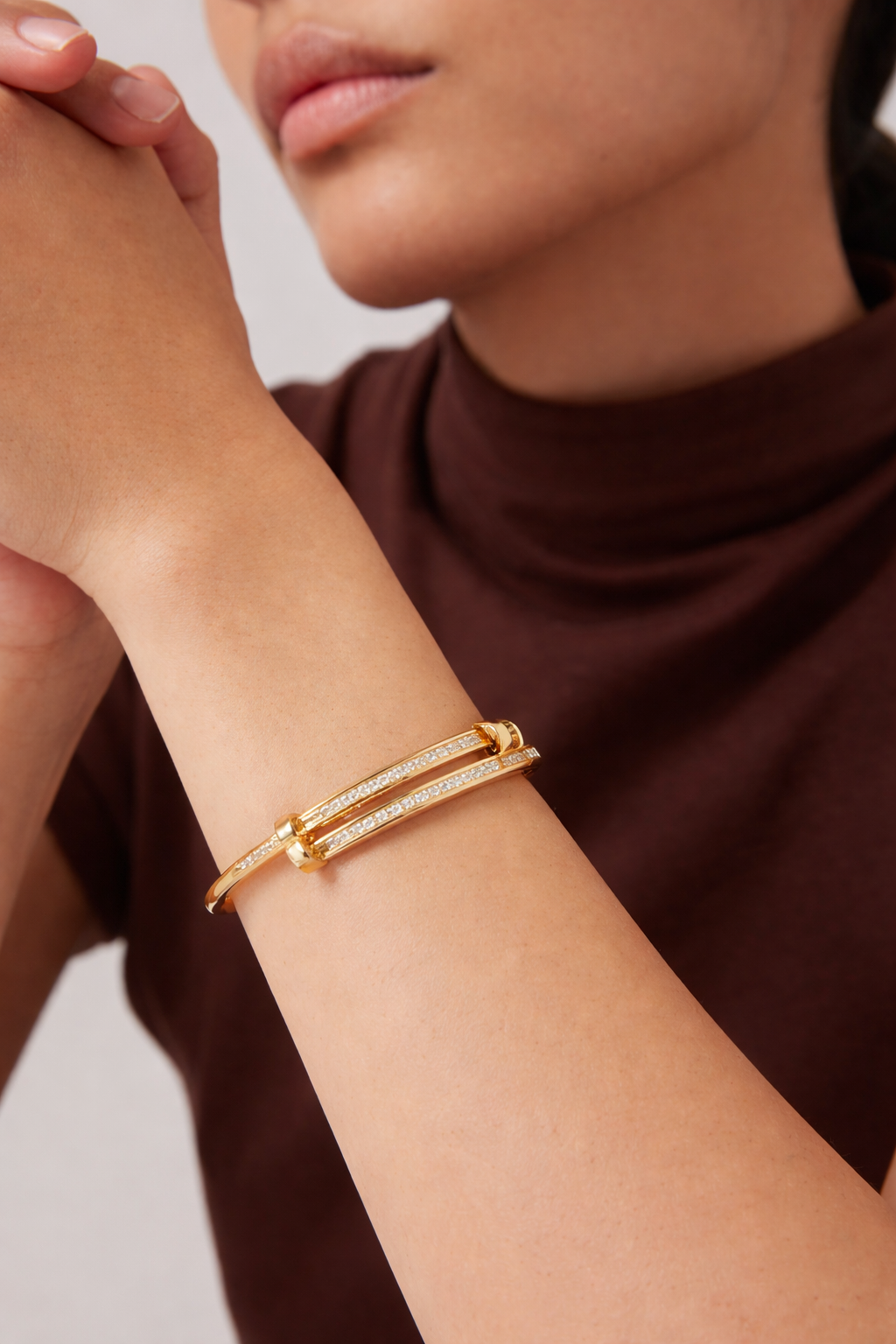 Premium Nail-Inspired Stainless Steel Crystal Bangle (Gold Tone)