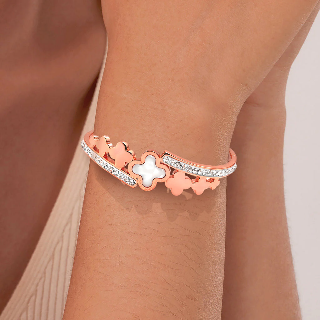 Wanshi Sterling Silver Clover Diamond Bangle for Women | Elegant Open Cuff Bracelet | Premium Finish